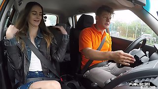 Skinny 19 year old student driver fucked by tutor in car outside