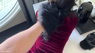 Hot Russian step-mom in dress got fucked on a table by her step-son before college