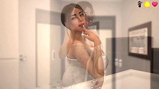 MissKitty2K cuddles up to herself in an animated office fantasy