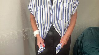 Mrs Mature Feet Stripping off Her Leather Skirt