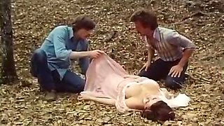 Desiree Cousteau, Joey Silvera in classic porn scene with threesome in the forest