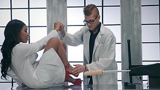 A sexy girl is licking the doctor in the laboratory after using the machine