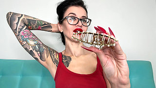 Red Matte Color Long Nails, Claws, Long Flexible Fingers Wide Palms, Skin Scratching, Red Lipstick