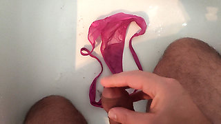Handjob on the beautiful pink thong my cousin's girlfriend thong tanga panties sperm