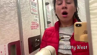 Hot Teen Katty West Jerks Off in Plane Bathroom - Almost Gets Caught Cumming!