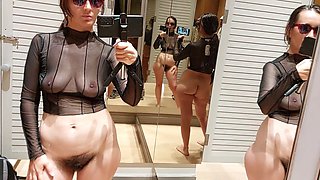 Hot mom with a hairy pussy and big titties tries on clothes