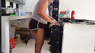 Chubby Latina with a big booty likes to be watched by her stepfather's old man while she cleans the house