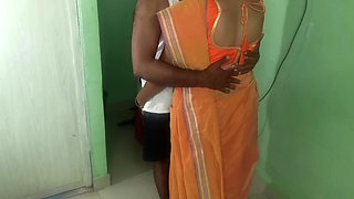 Married Glamour Women Orange Saree Standing Position Romance