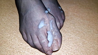 Semen on wife's nylon feet #2 - french pedicure