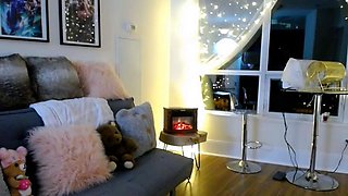 Busty curly brunette with big boobs fucks on couch
