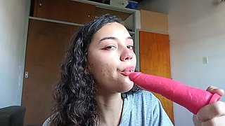 Sexy Latina Sucking a Dildo, Enjoying It Like It's Real