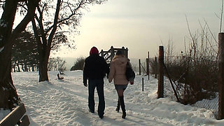 Blonde slut wearing fisnet stockings getting banged in snow outdoors