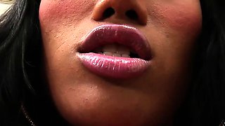 Busty ladyboy in lace thong spreads her shaved asshole on