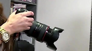Sexy brunette deepthroats his cock in the office