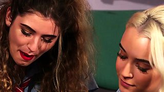 Horny sophomore CFNM babes wanking a guy