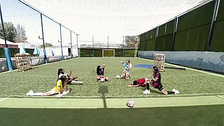 Group of horny babes seducing soccer coach VR Porn