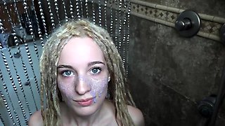 Skinny small titted blonde in shower