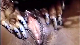 Sexy black lesbians threesome pussy dildo penetrated