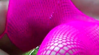 Brunette teen in fishnet gets fucked outdoors