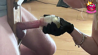 Close up - Femdom Edges Cock to Ruined Orgasm in a Glass