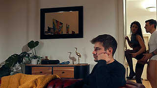 Spread black stocking legs that lead up to a fuckable bald pussy