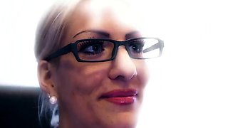 Tattooed busty secretary serves black guy in office