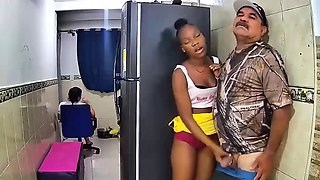 Grandpa fuck slutty ebony teen and cum on her friends face