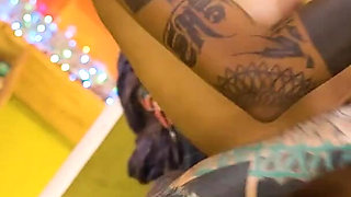 Tattoo Lesbians Hard Fuck with Strap-on - Squirting and Piss