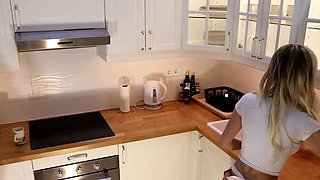 Super Hot Latina Gatita Veve Shows Off Big Tits in Backless Apron While Making Coffee