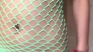 Teen in Fishnet Dress and Naked Masturbating Squirt and Orgasms