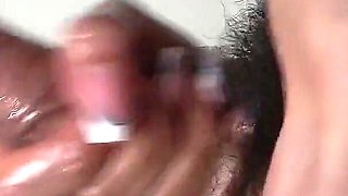 Side View of Really Close up Handjob to His Big Veiny Cock N' Big Hairy Bush.cumshot on Her Hands N' Cum Dripping From Her Nails