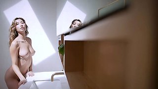 Big tits petite Latina strips in bathtub