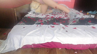 Sensual massage of a hot couple with oil on the body. Foreplay in the bedroom with an amateur couple.