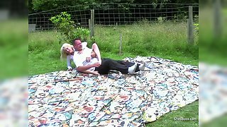 Blonde in Short Skirt Wrestles and Controls Him Outdoors