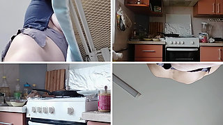 Brunette with hairy pussy, big tits, sensual and hairy woman in the kitchen. Sexy amateur wife shaving her hairy pussy.