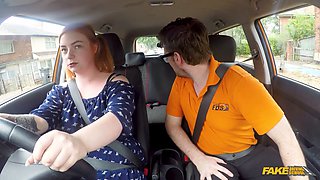 Redhead harley morgan takes a hard pounding in a car & swallows every drop - Fake Driving School