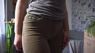 Hot Woman in Tight Jeans Walks Around and Teases Panty Line