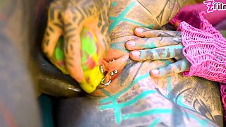 Tattooed model Nahluu doing her first porn