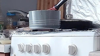 Sexy Naked Wife Preparing Food in the Kitchen. Hairy Brunette, Big Ass, Big Tits.