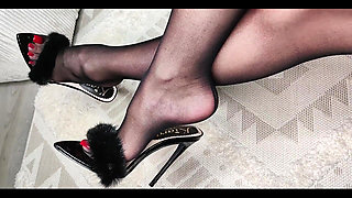 Black Pantyhose & Plush Mules