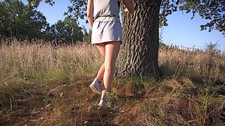 Girl in Short Skirt Flashing Full Back Panties Outdoors