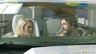 Busty blonde saleswoman Brynn Tyler makes a sale & rides big-dick