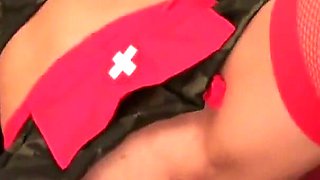 Sexy brunette in uniform masturbates with a dildo to enjoy in her craving butt