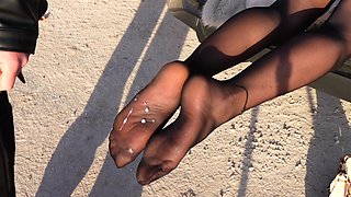 Outdoor Cumshot on Nylon Soles