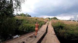 Risky Public Walk - Naked on a Broken Bridge
