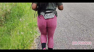 Ebony with Big Ass in Leggings Running Alone in the Forest