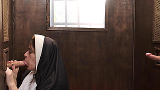 Slutty nun Abbie Maley gets fucked through a hole in the wall