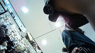 Asian upskirt panties caught by voyeur cam