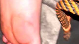 Kinky guy rubbing cock on sleeping wife's smooth soles