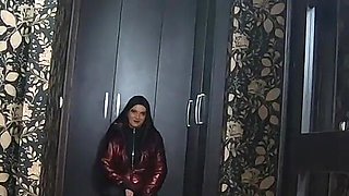 The Nympho Wife Plays with Her Camel-toe Jumpsuit and Put Some Cum on Her Shinny Red Down-jacket 230